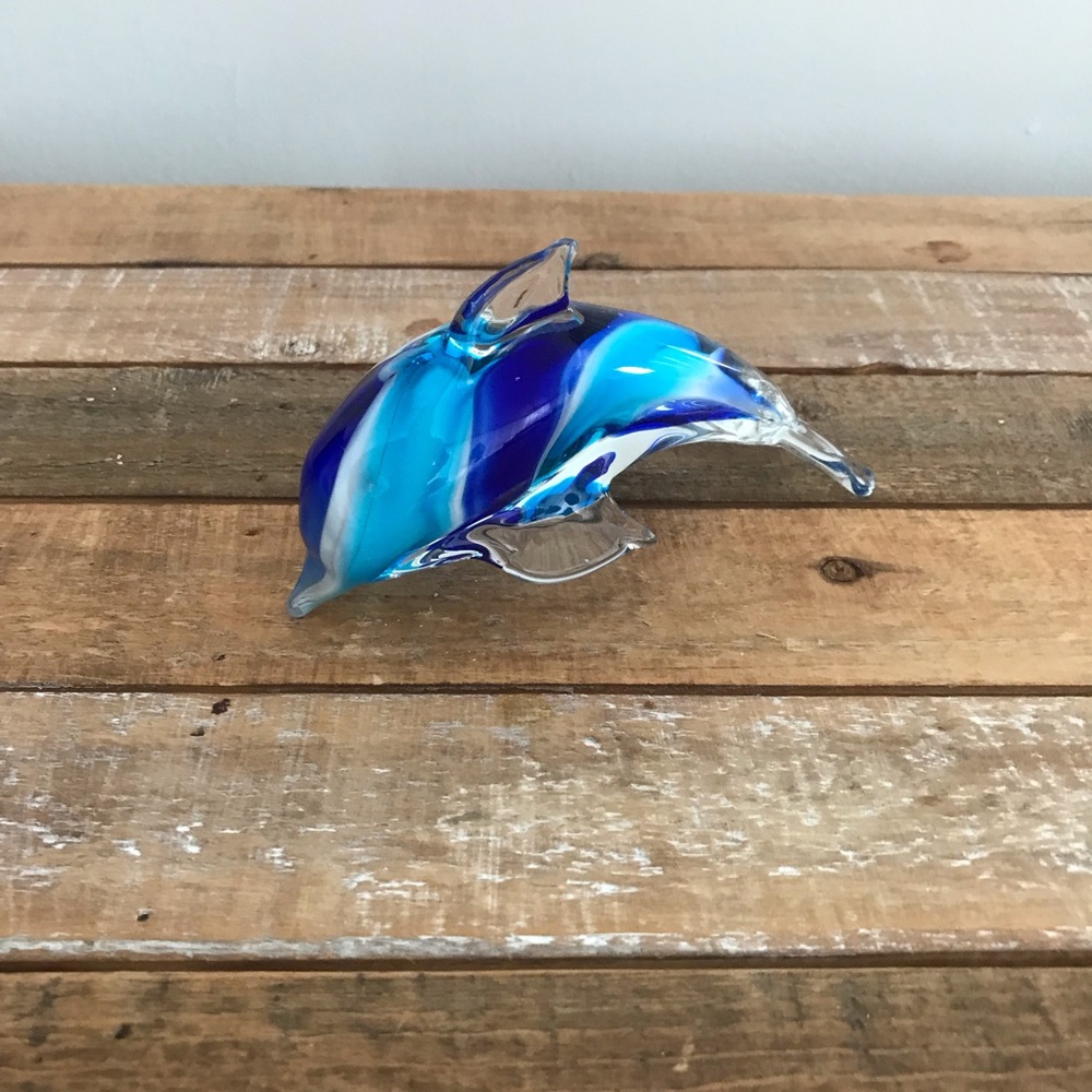 Glass Dolphin Figure Hand Blown Turquoise And Cobalt Blue Swirl Art